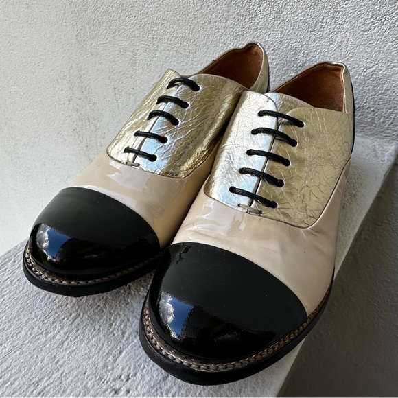 The Office of Angela Scott Ms. Baker Black Cream Leather Toe Cap Oxford Shoes - Picture 3 of 16